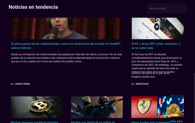 Imagen de una captura de pantalla de la sección de noticias de un sitio web para llevar un control de los precios de activos